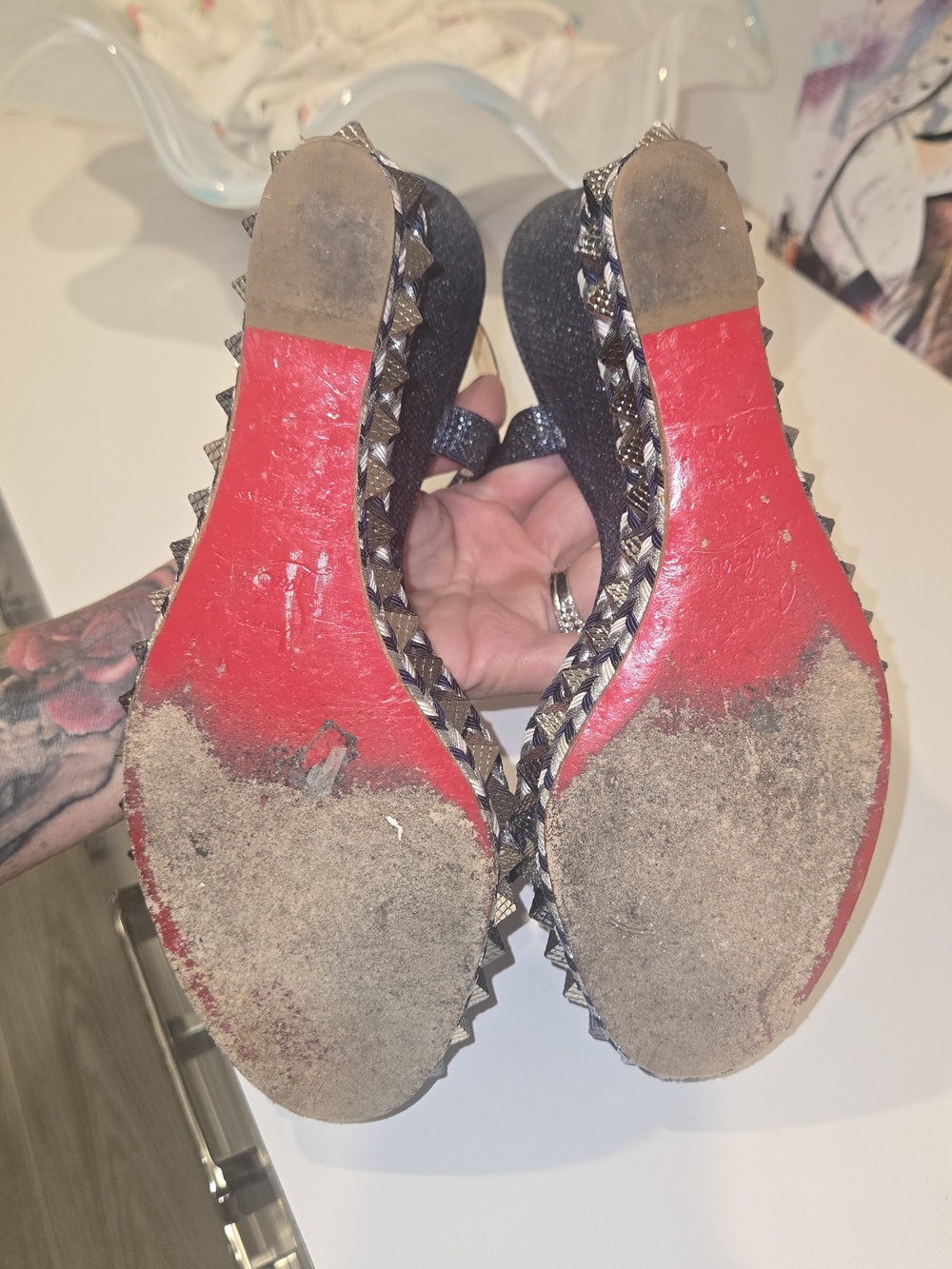 Christian Louboutin Cataclou Metallic Blue & Silver Studded Espadrille Wedges - Picture 5 of 5